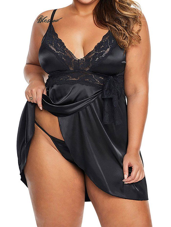 Plus Size Lingerie Dress Lace Panel Plunging Neck Bowknot Colorblock Lingerie