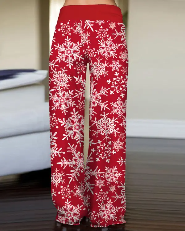 Christmas Drawstring Snowflake Print Wide Leg Pants