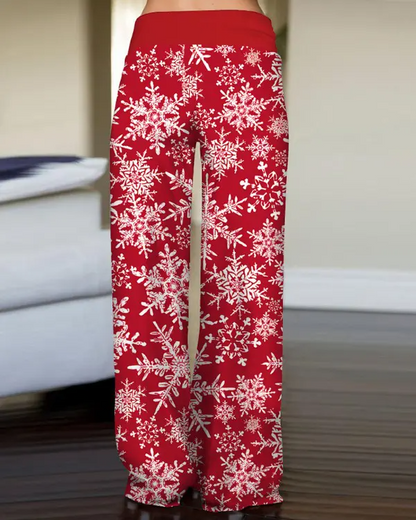 Christmas Drawstring Snowflake Print Wide Leg Pants