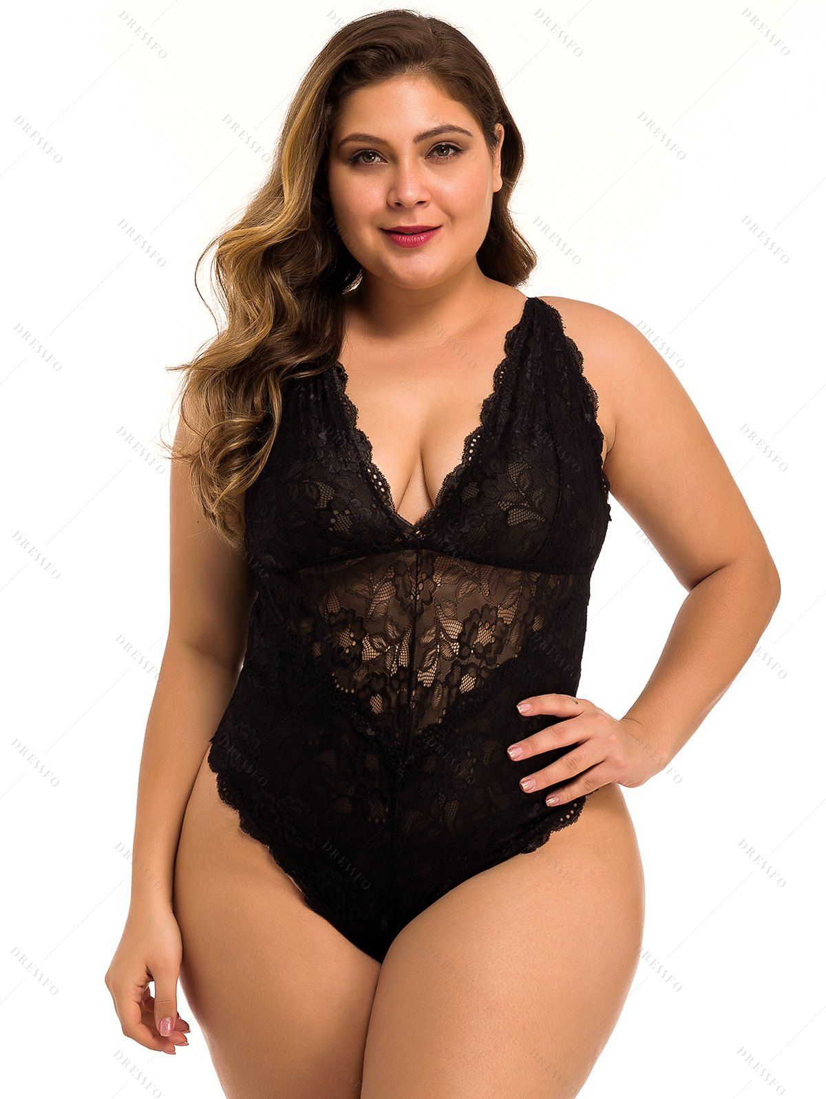 Plus Size & Curve Sheer Floral Lace Teddy Plunge Crisscross Spaghetti Strap Lingerie Bodysuit-Black