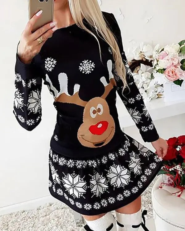 Christmas Moose Snowflake Print Long Sleeve Dress