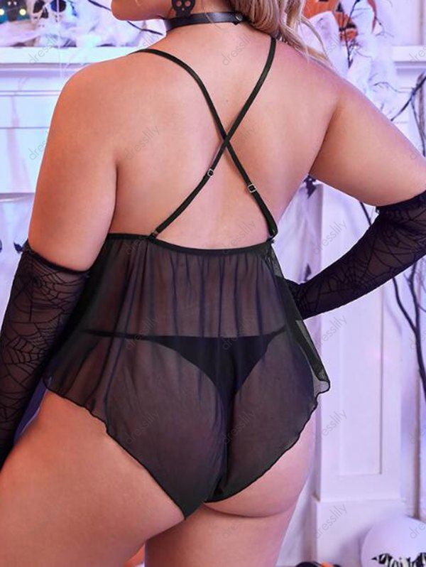 Plus Size & Curve Sheer Flower Lace Lingerie Romper With G-string T-back Briefs