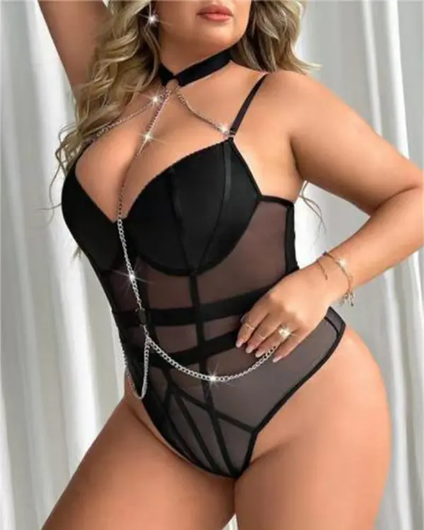 Plus Size Asymmetrical Sheer Mesh Chain Decor Teddy