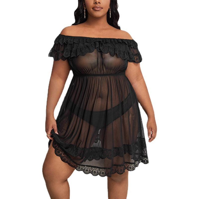 Plus Size Lingerie Sexy Lace Temptation One-shoulder See-through Nightgown Set