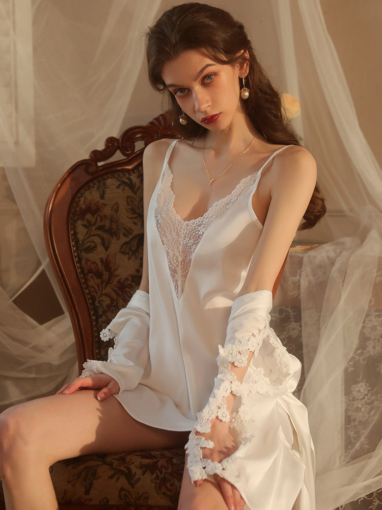 Flower Embroidery Sexy Sleepwear Two-Piece Slip Dress & Robe Set With Belt