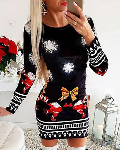 Christmas Mixed Print Long Sleeve Dress