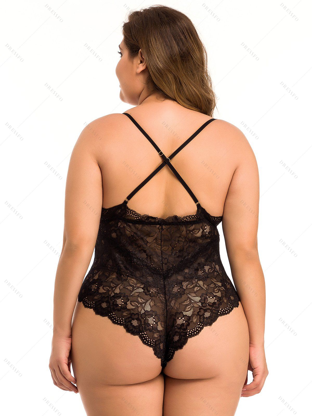 Plus Size & Curve Sheer Floral Lace Teddy Plunge Crisscross Spaghetti Strap Lingerie Bodysuit-Black