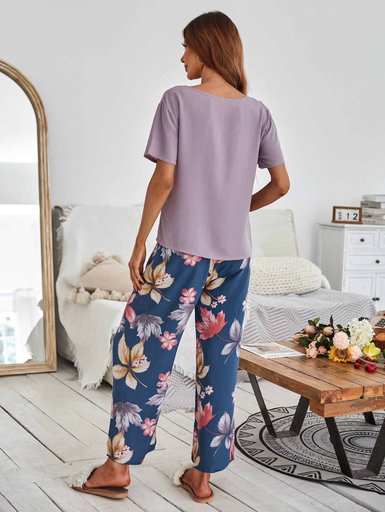 Cotton Silk Casual Pajamas Set Home Wear - Purple Top + Red Leaf Printed Trousers