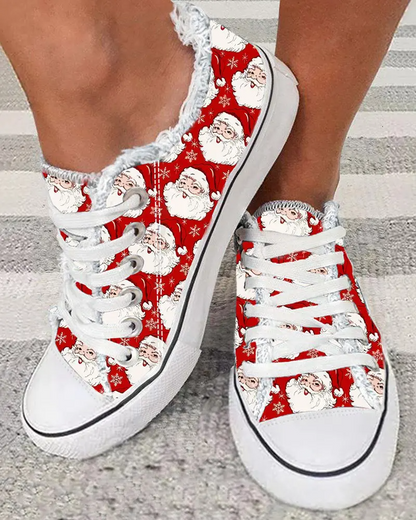 Christmas Snowflake Santa Claus Print Lace-up Sneakers