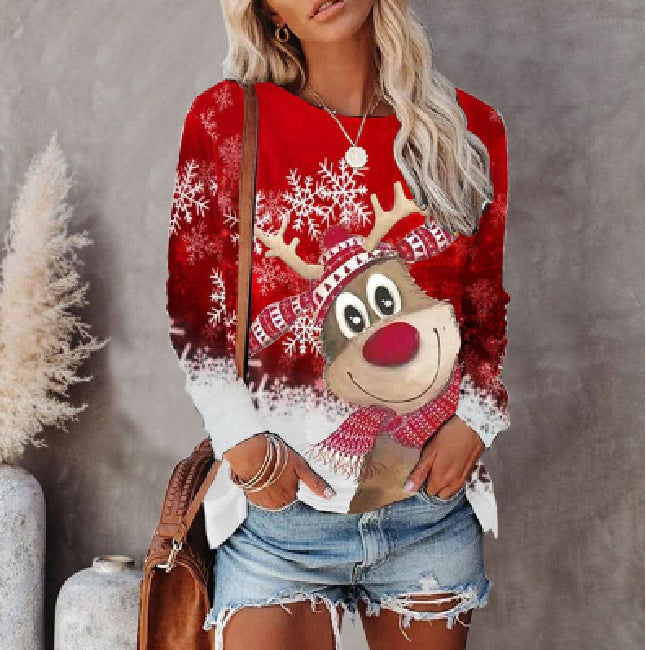 Red Christmas Reindeer Print Long Sleeve T-Shirt