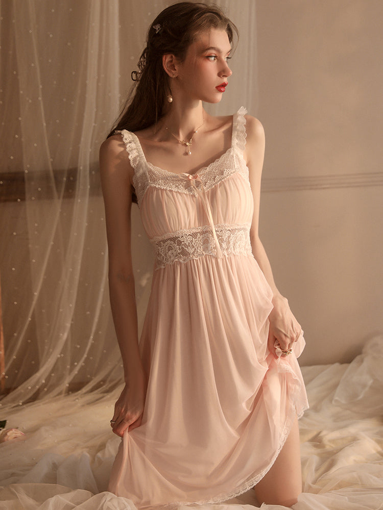 Medium Pink Lace Decoration Sexy Sleepwear One-Piece Nightgown