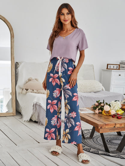 Cotton Silk Casual Pajamas Set Home Wear - Purple Top + Red Leaf Printed Trousers