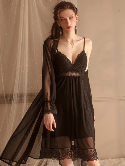 Lace Decoration Sexy Two-Piece Slip Dress & Robe Set With Belt