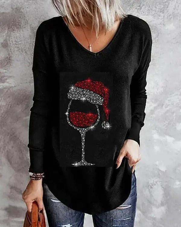 Christmas Hat Wine Glasses Print Long Sleeve Top