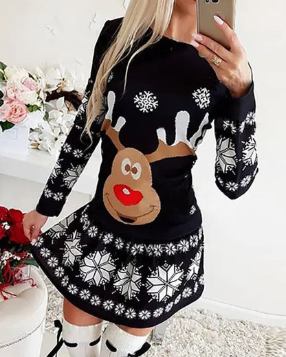 Christmas Moose Snowflake Print Long Sleeve Dress