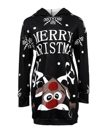 Christmas Letter Deer Print Pocket Design Hooded Casual Dress