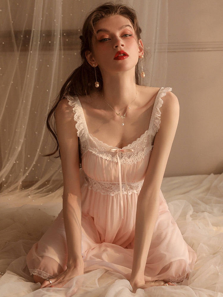 Medium Pink Lace Decoration Sexy Sleepwear One-Piece Nightgown