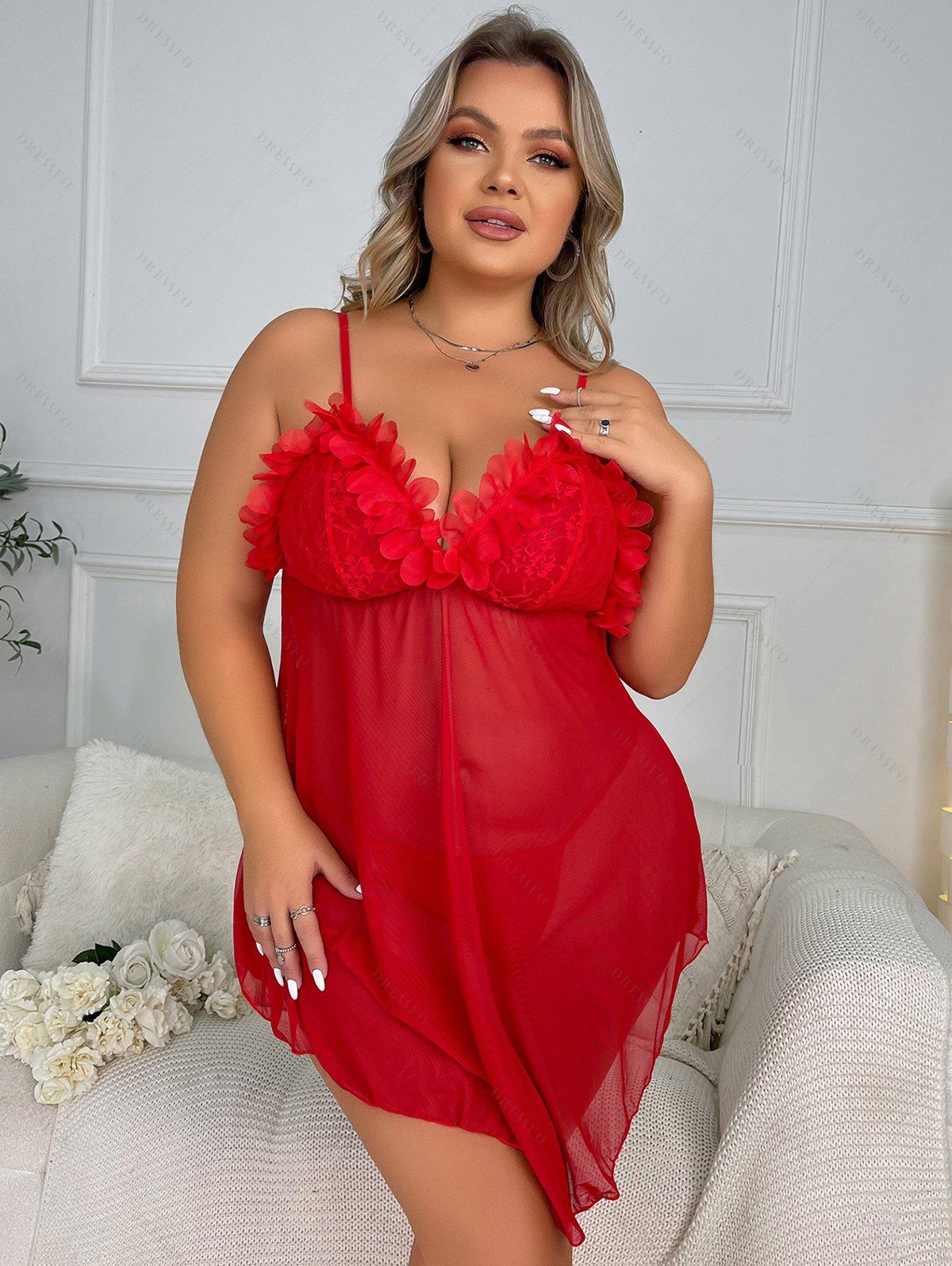 Plus Size Sheer Mesh Babydoll Ruffles Lace Spaghetti Strap Lingerie T-back Set