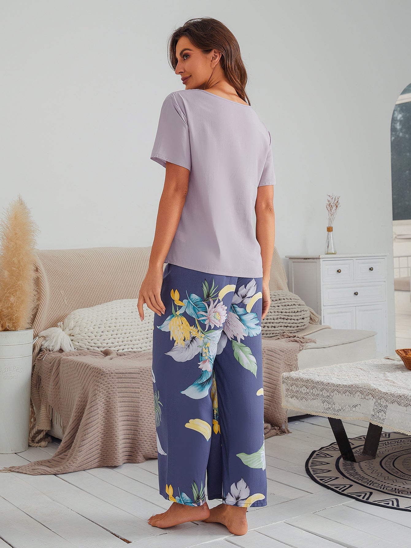 Cotton Silk Casual Pajamas Set Home Wear - Gray Top + Banana Print Trousers