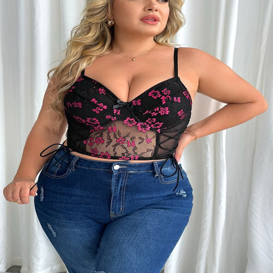 Plus Size Black Sexy Printed Lace Bra