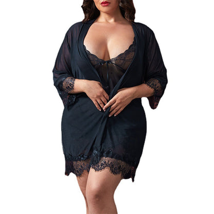 Plus Size Lingerie Sexy Suspender Bathrobe Nightgown Mesh Temptation Three Piece Set