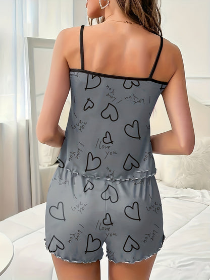 Crew Neck Slip Cute Heart Print Pajama Set