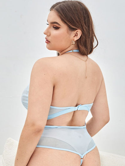 Plus Size Pattern Deep V Halterneck Backless See-Through Sexy Flirting Lace One-Piece