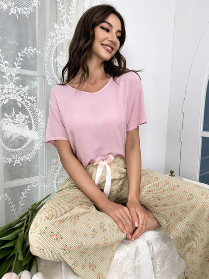 Cotton Silk Casual Pajamas Set Home Wear - Pink Top + Yellow Plaid Floral Print Trousers