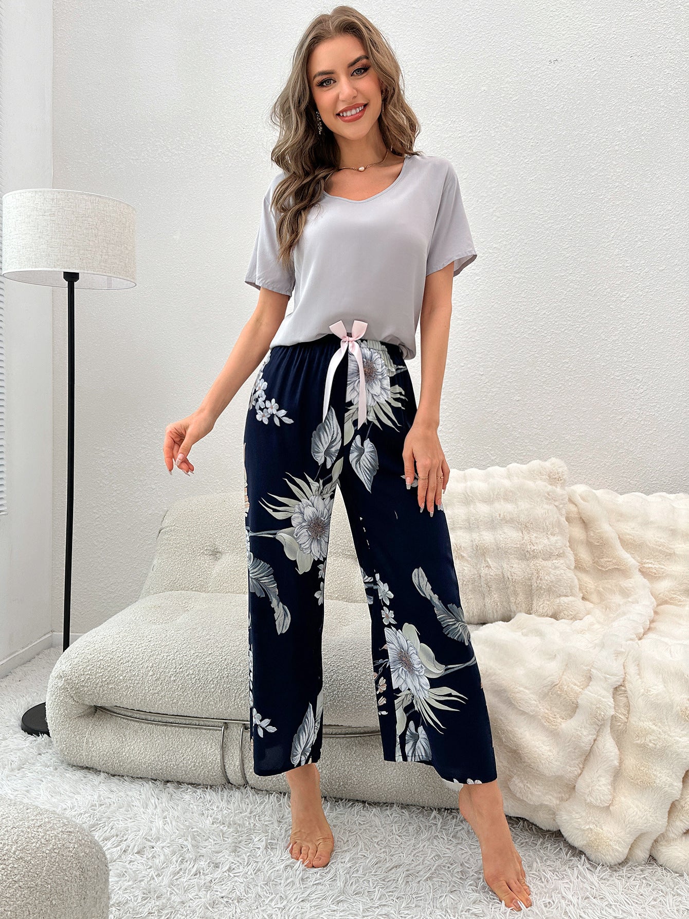 Cotton Silk Casual Pajamas Set Home Wear - Gray Top + Banana Print Trousers