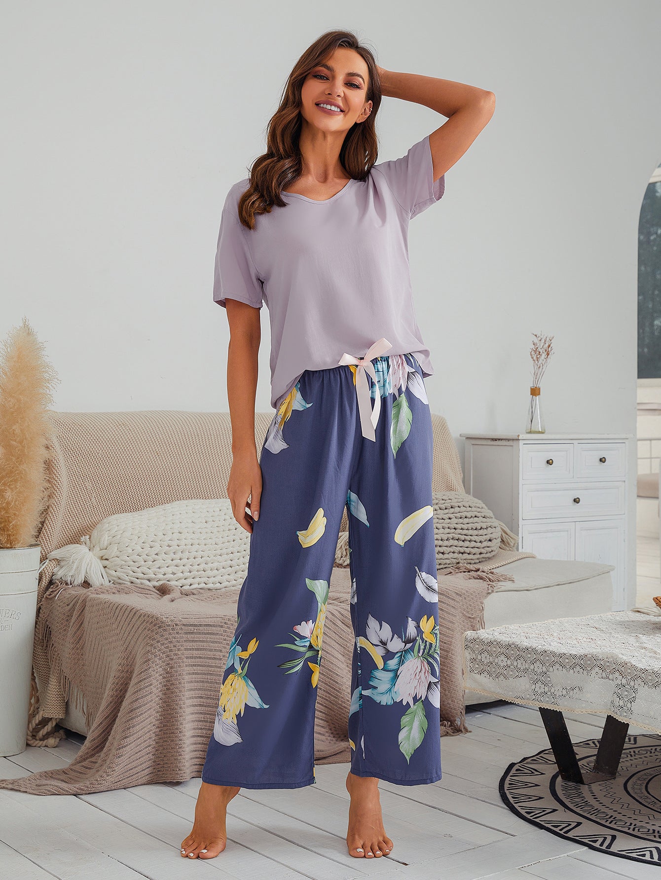 Cotton Silk Casual Pajamas Set Home Wear - Gray Top + Banana Print Trousers