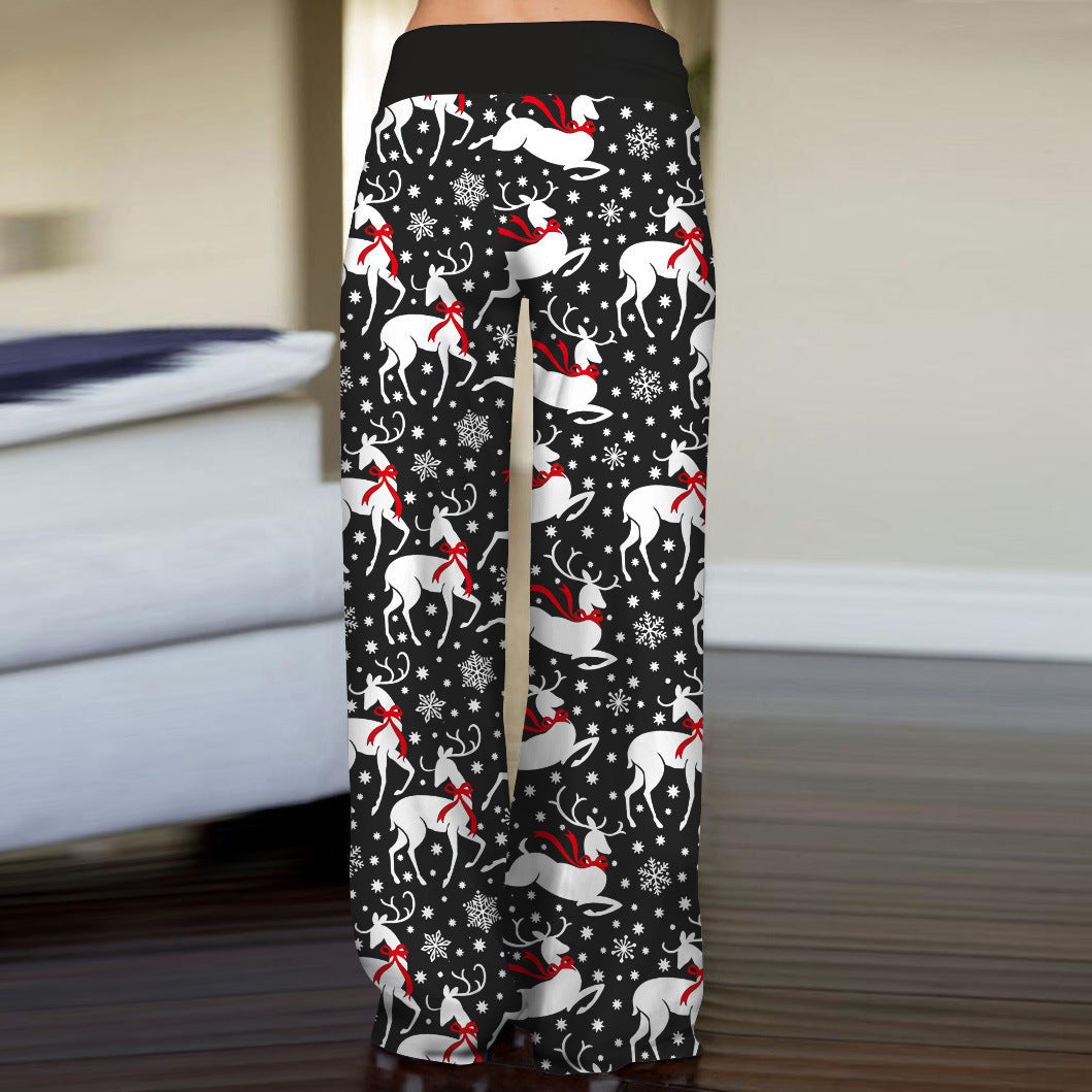 Christmas Drawstring Elk Print Wide Leg Pants