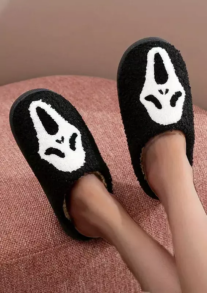 Halloween Ghost Face Plush Flat Slippers - Black