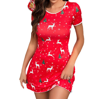 Christmas Sexy One-piece Lingerie Milk Silk Print Nightgown