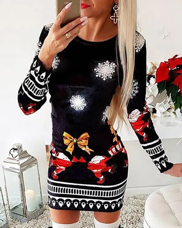 Christmas Mixed Print Long Sleeve Dress