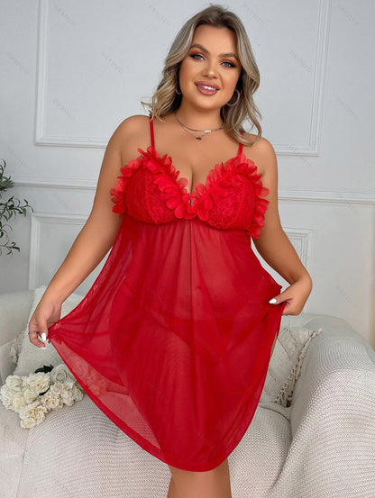 Plus Size Sheer Mesh Babydoll Ruffles Lace Spaghetti Strap Lingerie T-back Set