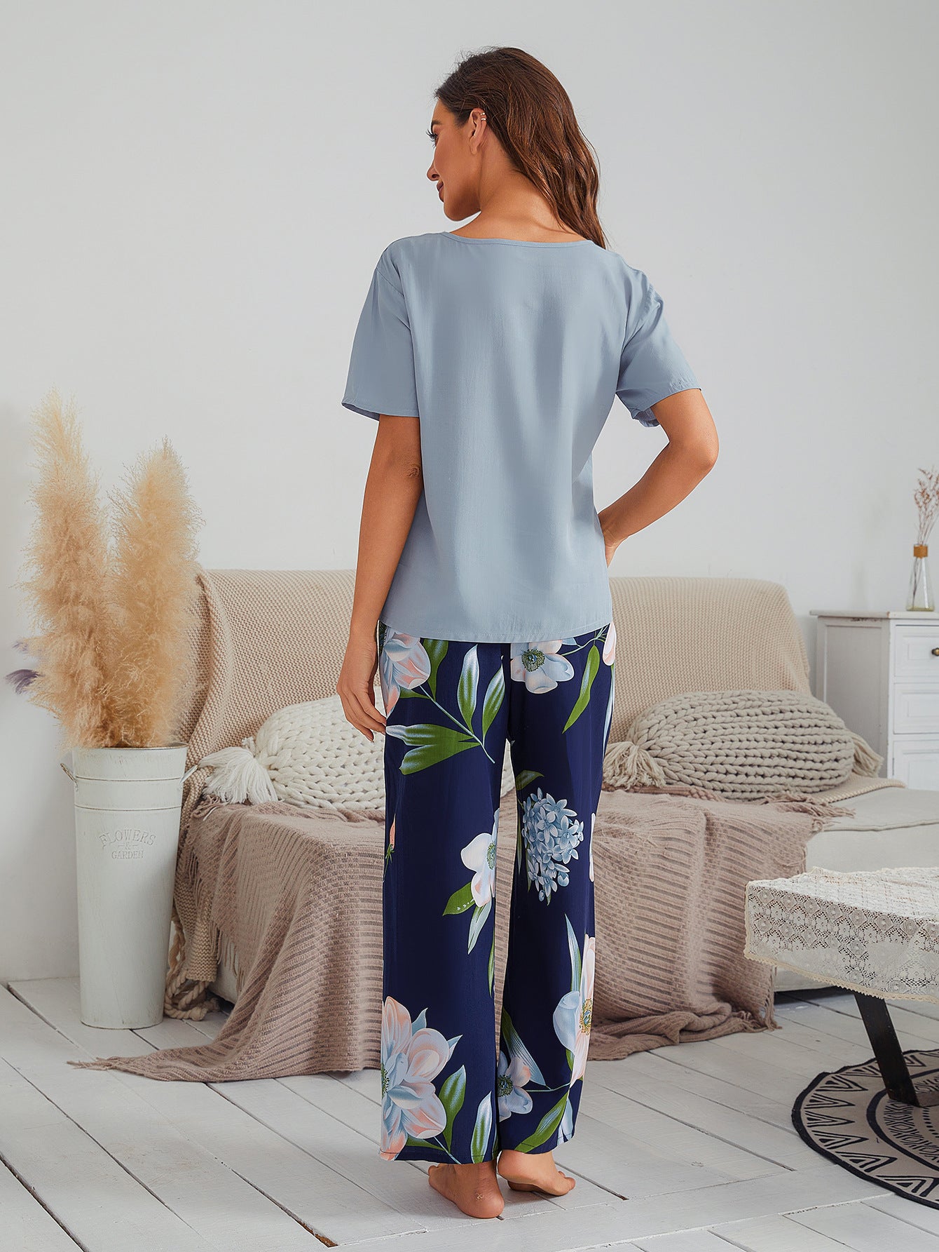 Cotton Silk Casual Pajamas Set Home Wear - Blue Top + Blue Hydrangea Printed Trousers