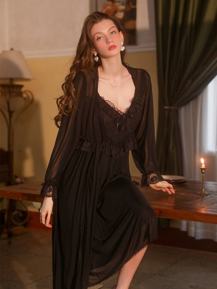 Elegant Lace Sleepwear Long Black Two-Piece Slip Dress & Robe Set