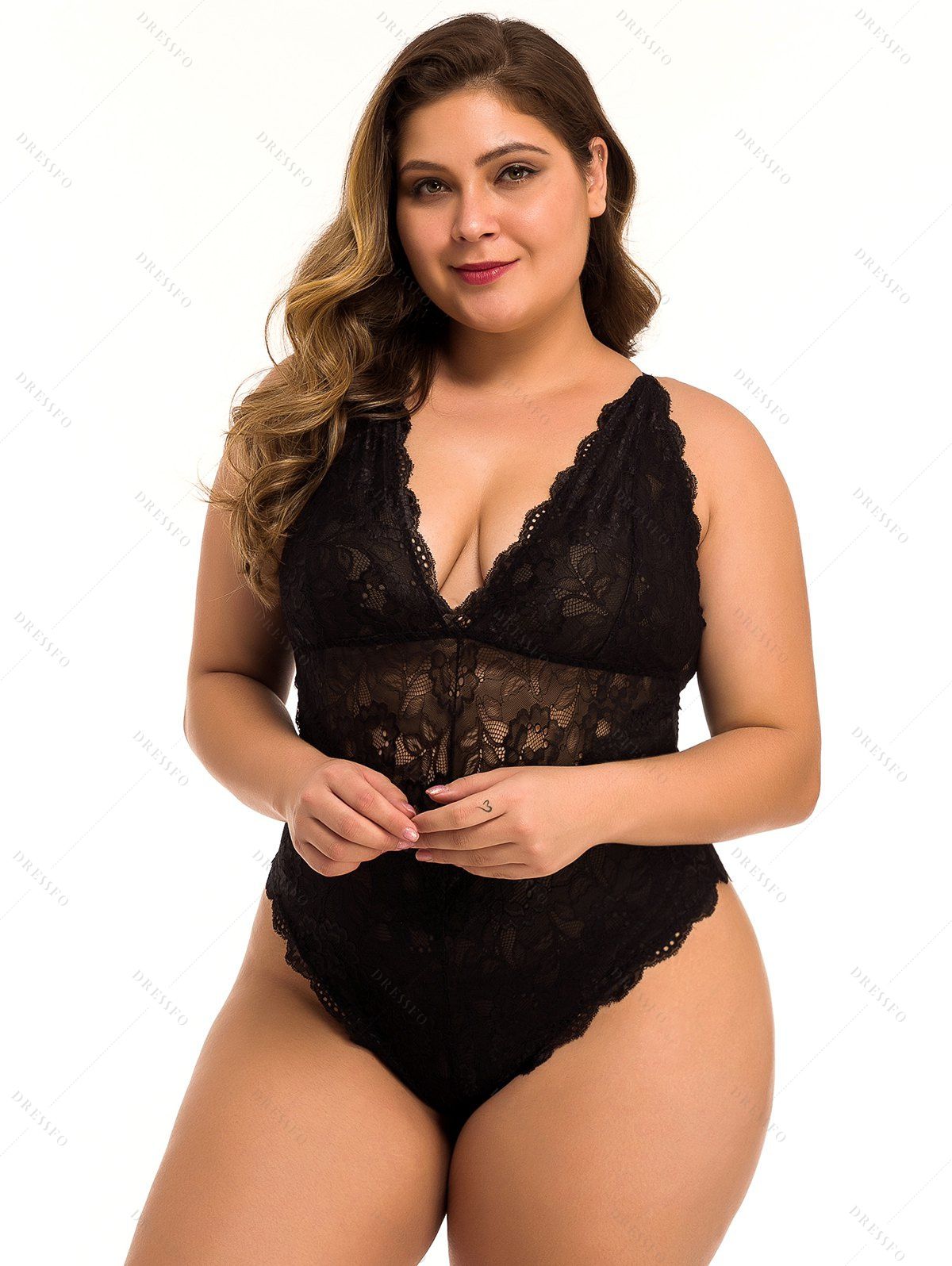 Plus Size & Curve Sheer Floral Lace Teddy Plunge Crisscross Spaghetti Strap Lingerie Bodysuit-Black