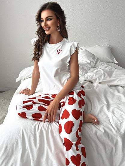 Small Flying Sleeve Top With Heart Print Trousers And Casual Pajamas Two-Piece Set