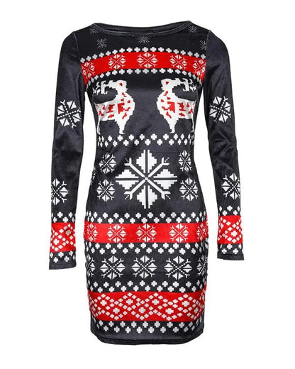 Christmas Snowflake Elk Print Long Sleeve Bodycon Dress