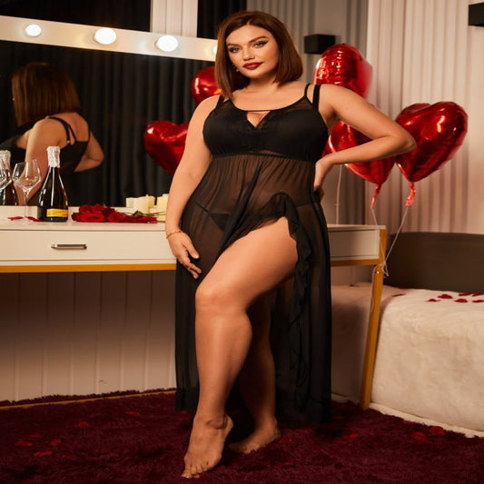 Plus Size Sexy See-Through Suspender Pajamas Nightgown Mesh Long Skirt