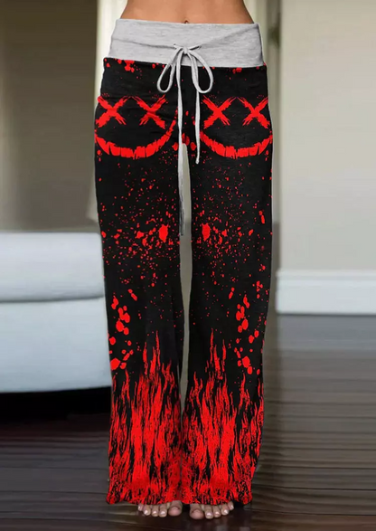 Halloween Red Fire Emo Skull Wide Leg Pants