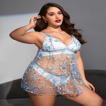 Plus Size Blue Sheer Printed Lace Nightgown