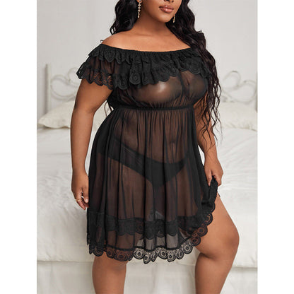 Plus Size Lingerie Sexy Lace Temptation One-shoulder See-through Nightgown Set