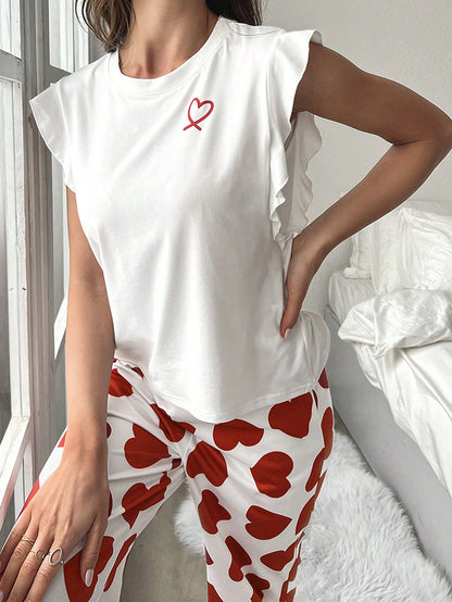 Small Flying Sleeve Top With Heart Print Trousers And Casual Pajamas Two-Piece Set