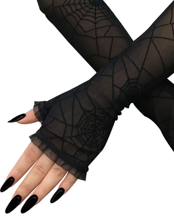 Halloween Spider Net Pattern Mesh Fingerless Gloves