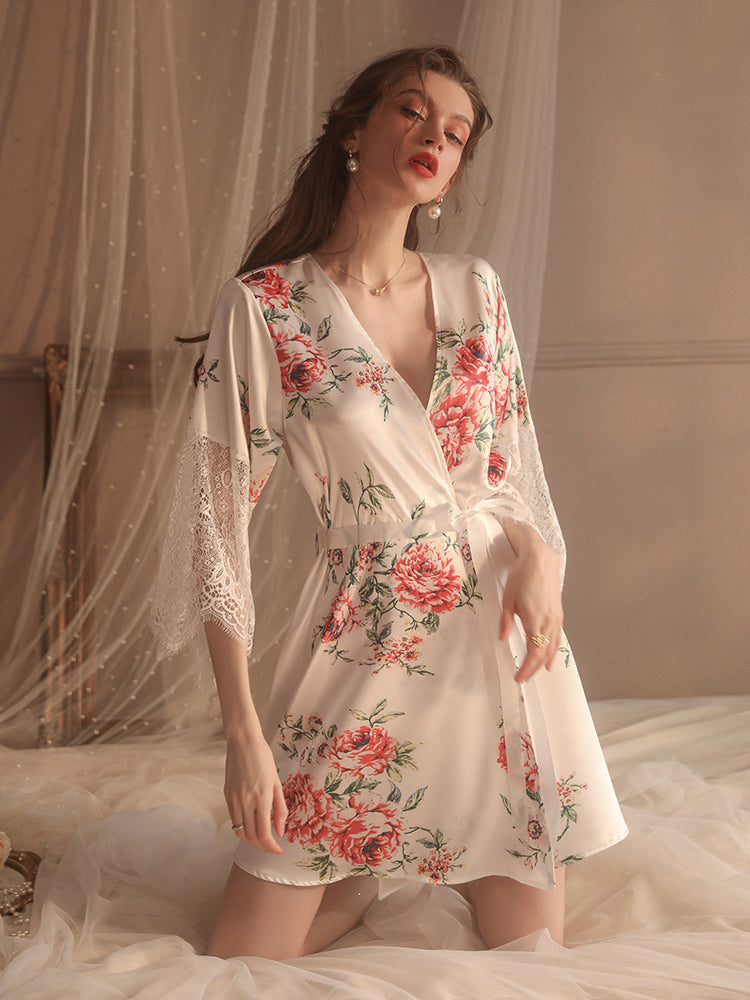 V-Neck 3/4 Sleeves Flowers Printing One-Piece Robe