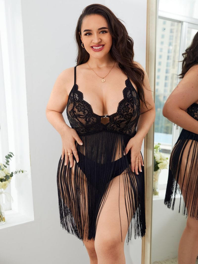 Plus Size Erotic Lingerie Deep V Suspender Nightgown Tassel See-through Sexy and Alluring Nightgown