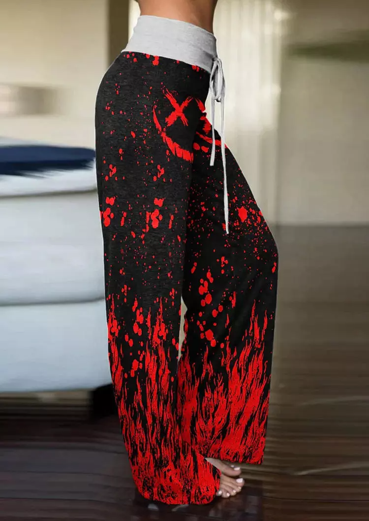 Halloween Red Fire Emo Skull Wide Leg Pants