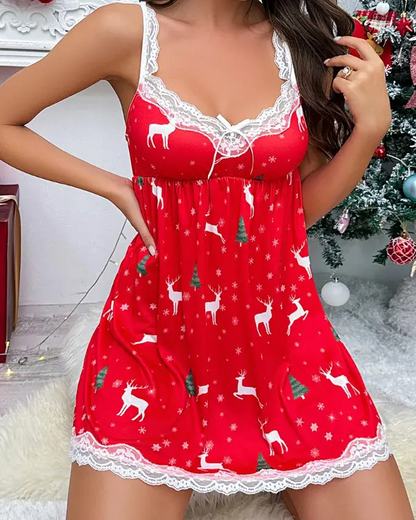 Christmas Tree Elk Snowflake Print Lace Trim Babydoll